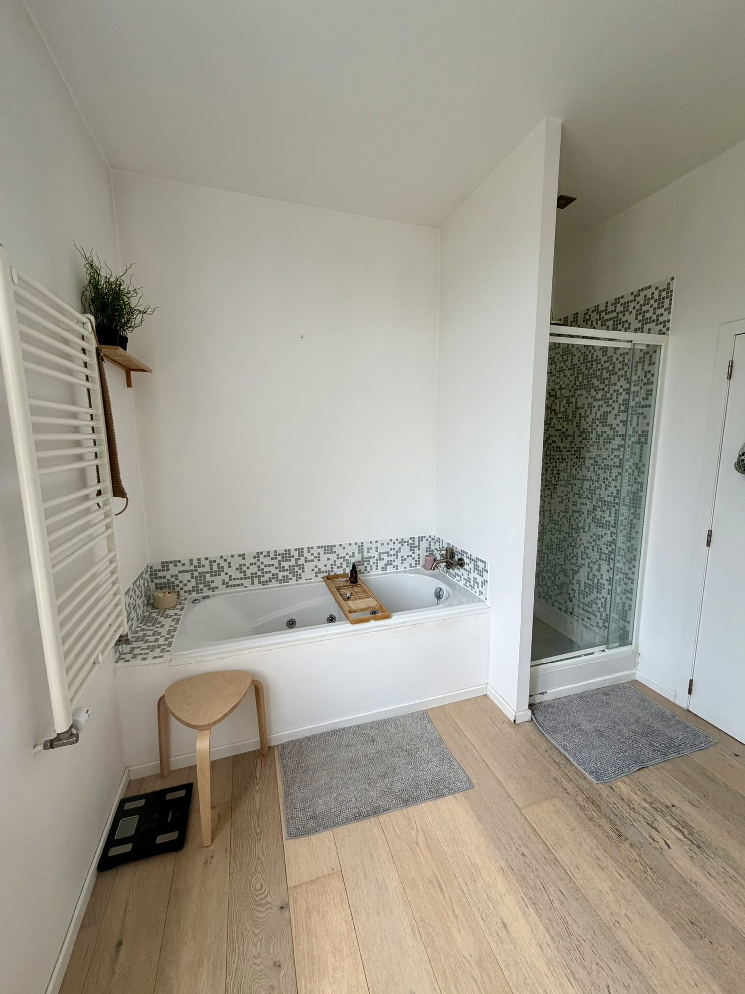 Badkamer met ligbad in mozaïekomranding en aparte douchecabine