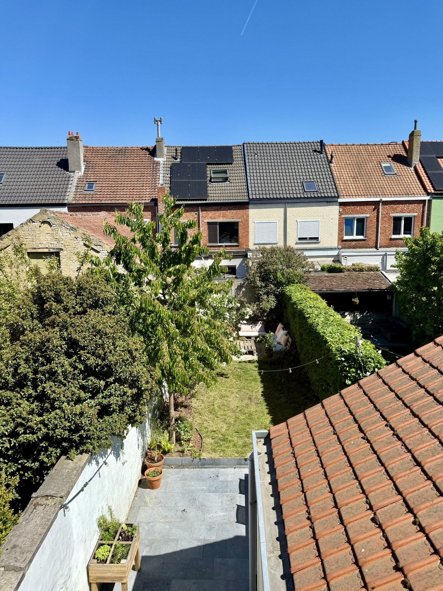 Zicht op de achtertuin en het terras vanop de bovenverdieping, met kerselaar, gazon en aanpalend groen